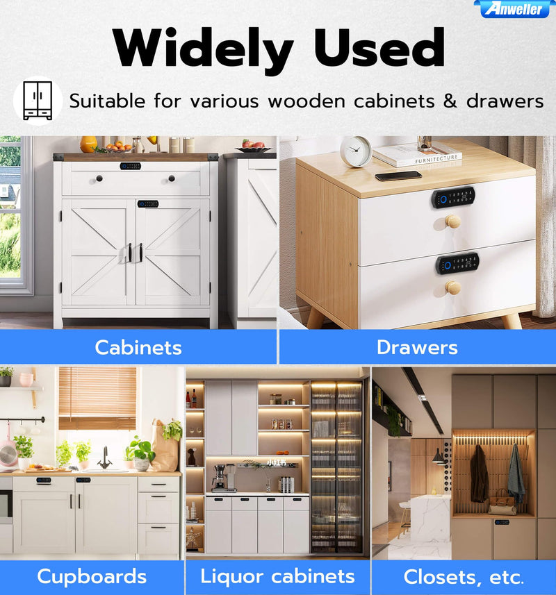 Anweller Baby Proofing Smart Cabinet Locks, Child Proof Fingerprint Drawer Locks, Hidden Adhesive Code Keypad RFID Bluetooth Keyless Lock for Adults File Kitchen Cupboard Closet Liquor - Horizontal