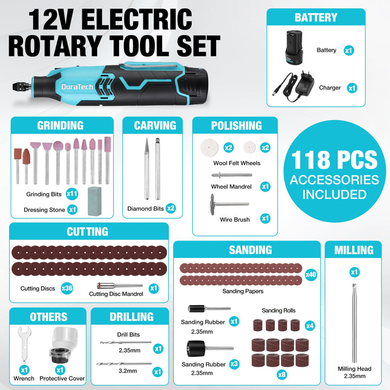 DURATECH 12V Cordless Rotary Tool Kit with 118PCS Accessories