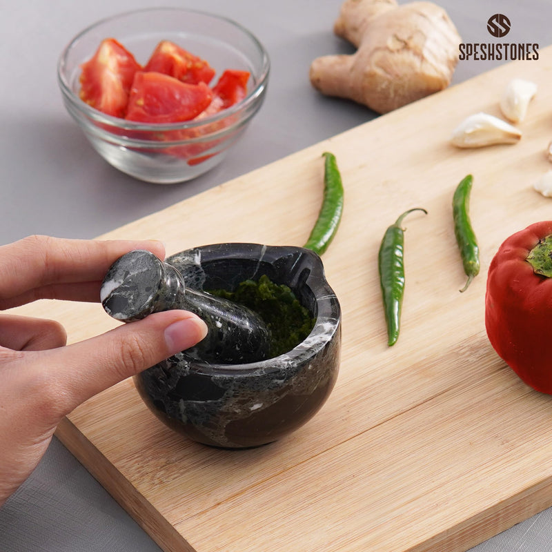 Marble Mortar and Pestle Set 3 Inch Black Handmade Small Spice Grinder for Kitchen Decor - Stone Pill Crusher Fine Powder, Herb Grinding Bowl, Garlic Crusher