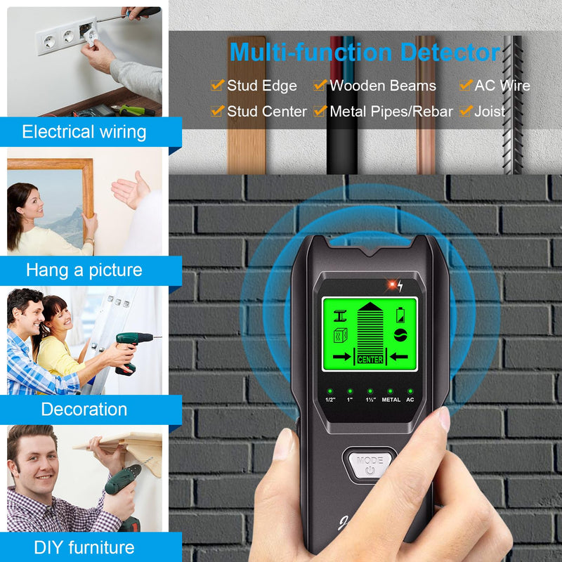 Stud Finder Wall Scanner, 5 in 1 Multifunction Stud Locator with Upgraded Smart Sensor, HD LCD Display and Audio Alarm for The Center & Edge of Metal, Studs, AC Wire, and Pipe Detection (Dull Black)