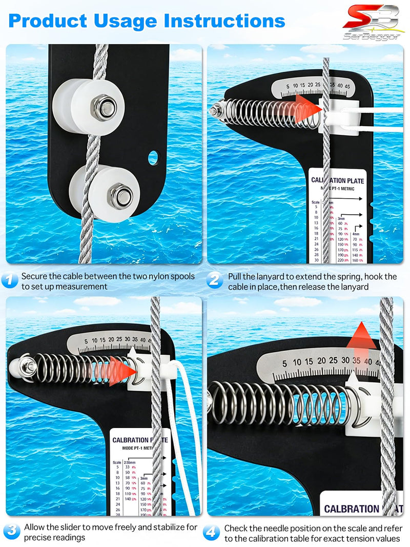 Sailboat Rigging Tension Gauge PT-1M | Rated up to 360kg Accurate Hands-Off Rigging Tool, Wire Rope Standing Rigging for 2.55mm,3mm,4mm Diameter Wire Cable