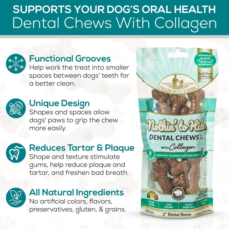 Fieldcrest Farms Nothin’ to Hide Dental Chews with Collagen – 3" Beef‑Flavor Bones, 12‑Pack 1 Count (Pack of 12) Dental Bone