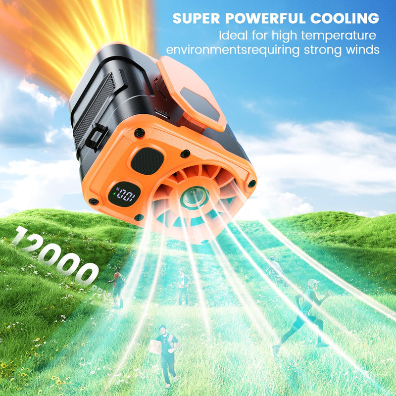 coldSky Upgrade Portable Waist Fan Clip On, 10000mAh Rechargeable Wearable Belt/Neck Personal Fan with Light, 5 Speeds Strong Airflow Cooling for Outdoor Jobsite Camping Travel Medium Orange