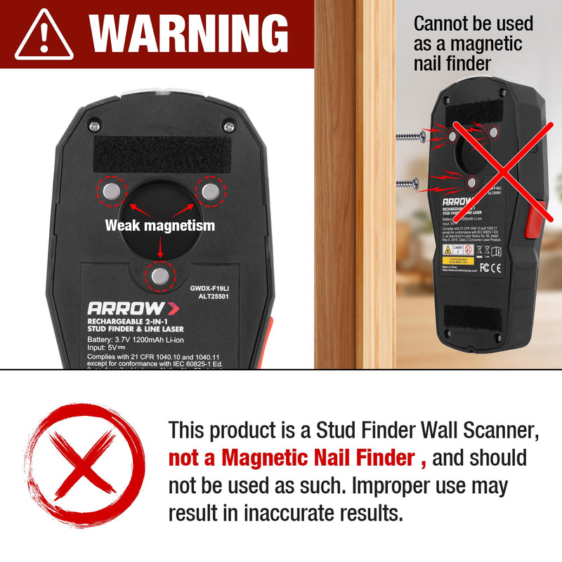 ARROW 2-in-1 Stud Finder with Laser Level, Rechargeable Wall Stud Scanner & Vertical Line Laser for Hanging Frames & Picture, Wood Ac Wire Metal Studs Joist Pipe Detection