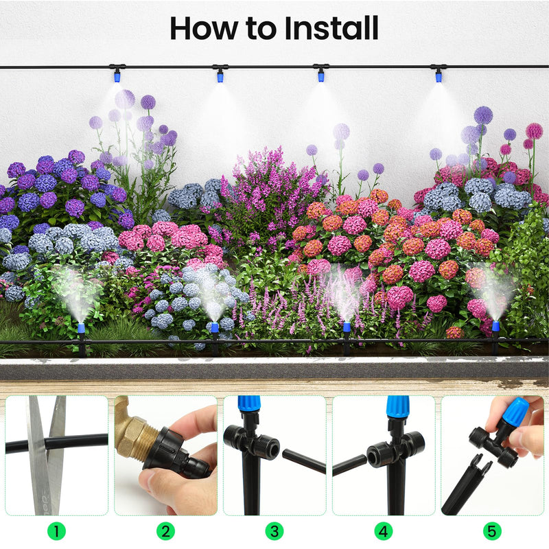MIXC 65FT Greenhouse Watering System- Quick Efficient Connector Hanging Plant Watering System Automatic Mist Irrigation Kit with 1/4" Blank Tubing and Misting Nozzles 65FT(Updated)