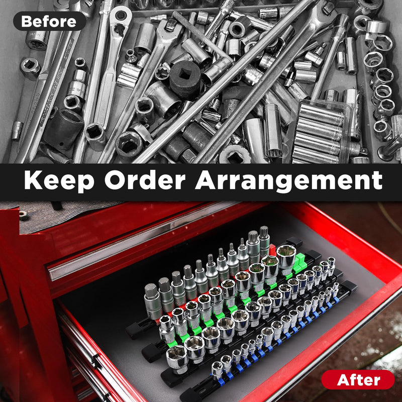 Socket Organizer, 1/4-Inch Drive Heavy Duty Socket Holder Kit ABS, Socket Rail 1/4-Inch x 16 Clips Green 1PC 1/4x1