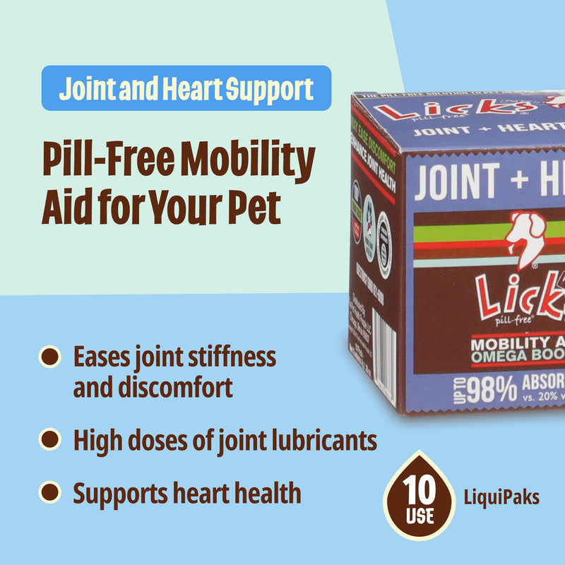 Licks Joint & Heart Support - Mobility, Joint Comfort & Heart Health Support for Dogs - MSM, Omega-3 & Vitamin E - Pill-Free Gel Packets - Chicken Flavor - 10 Packets 10-use
