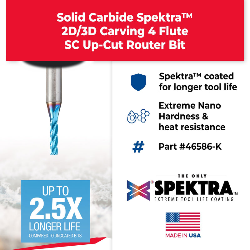 Amana Tool 46586-K CNC Spektra Extreme Tool Life Coated Spiral 2D/3D Carving 0.10 Deg Straight Angle Flat Bottom x 1/8 D x 1/2 CH x 1/4 SHK x 2 Inch Long x 4 Flute SC Up-Cut Router Bit