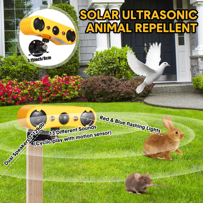 Qualirey Solar Outdoor Motion Sensor Alarm 2 x 129db Loud Noise Maker 13 Sound Detector Strobe Light, 4 Modes Animal Deterrent Dog Barking Alarm Mount on Ground or Fence for Garden Yard(4 Pack)