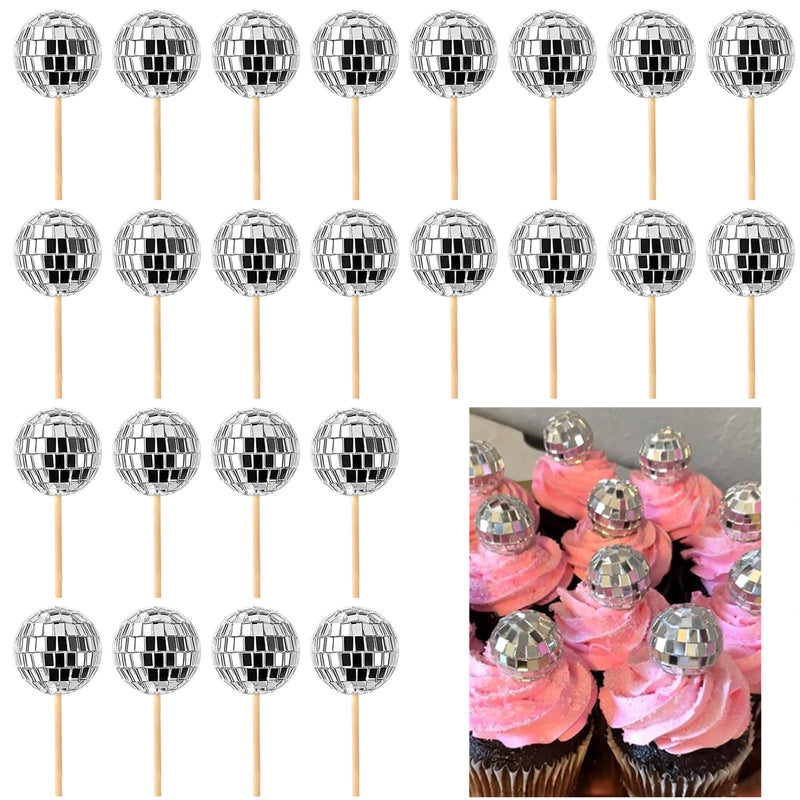 JOERSH 24pcs Disco Ball Cupcake Toppers - 1970s Disco Ball Picks Disco Theme Cake Decorations for Disco Theme Party 70s Disco Party Favor Silver