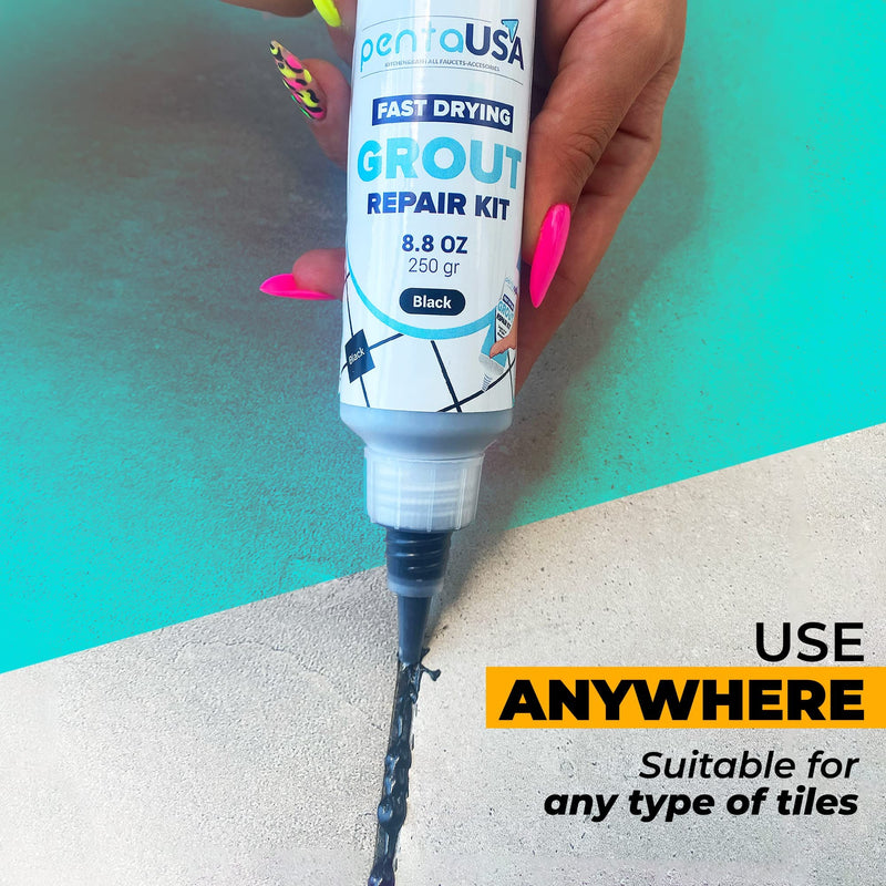 PentaUSA Tile Grout Repair Kit - Black Grout Filler, Triple Protection, Fast Drying Formula Restores and Renews Grout Lines with Grout Float (Black, 8.8oz / 250gr)