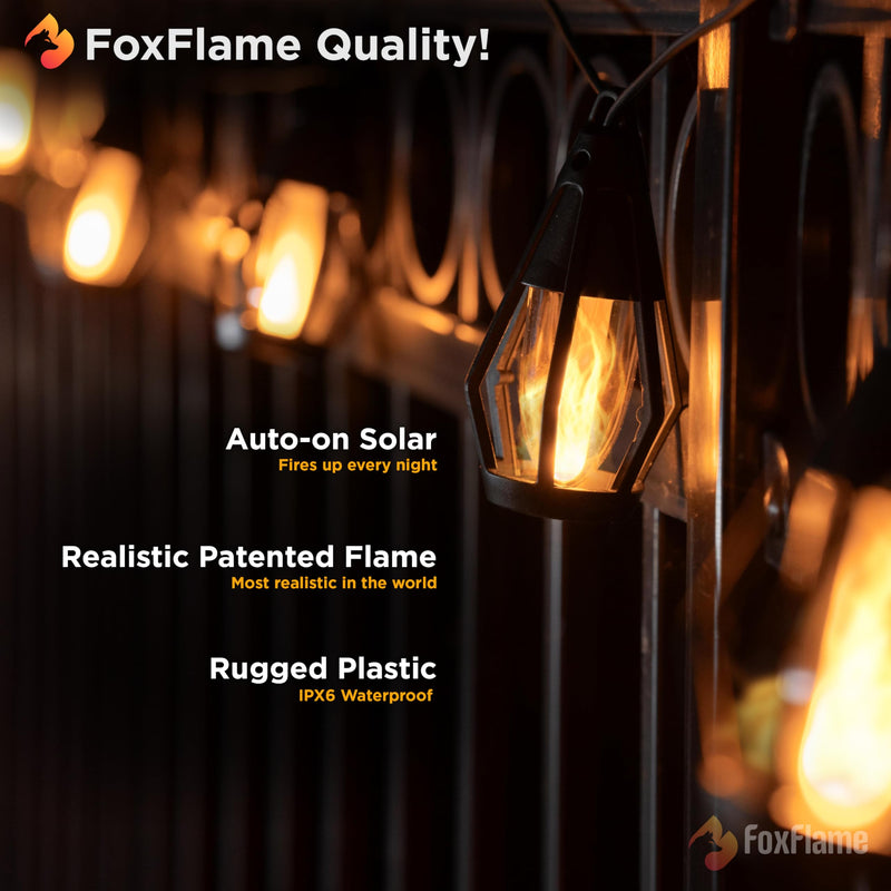 Solar String Lights Outdoor Waterproof - 10 Flickering LED Bulbs with Patented Flame Effect, 21 ft Solar-Powered Solar Hanging Lights Outdoor for Patios, Porches, Fences, Gardens & Decorative Ambiance