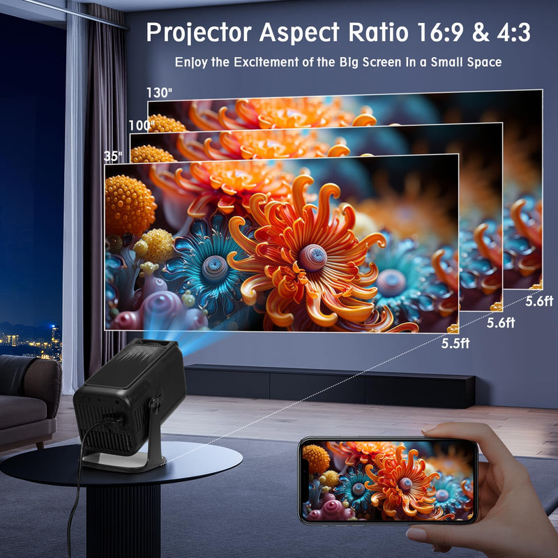 Mini Projector, V1 Portable Projector, Native 1920*1080P Support 4K Parse with Dual-Band WIFI6 5G Wireless 5.0 Bluetooth Android 13, 600ANSI, 270° Rotatable, Auto Keystone Correction Video Projector