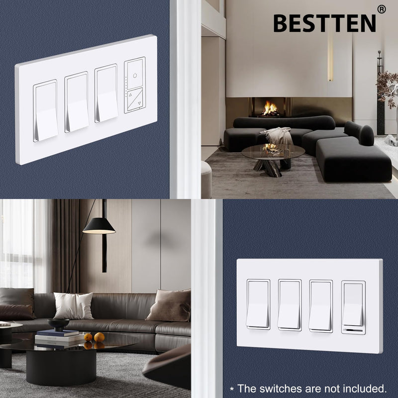 BESTTEN 5 Pack 4-Gang Screwless Decorative Wall Plate, Decorator Outlet Cover, USWP6 Snow White Series, H4.69” x L8.35”, for Light Switch, Dimmer, GFCI, USB Receptacle 4 Gang 5PK Gloss Snow White