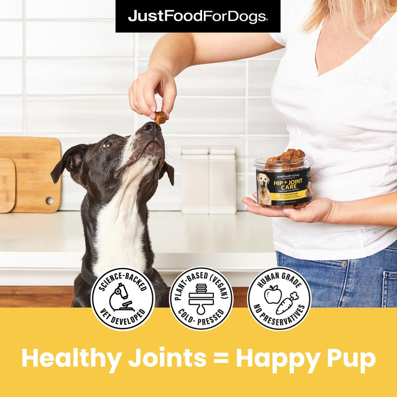 JustFoodForDogs Hip and Joint Supplement for Dogs, Human Grade Glucosamine Chondroitin Dog Supplements, Multivitamin Soft Chews, Omega 3 Oil, Superfood Blend, Plant Based Dog Vitamins - 45 Count Hip + Joint Care