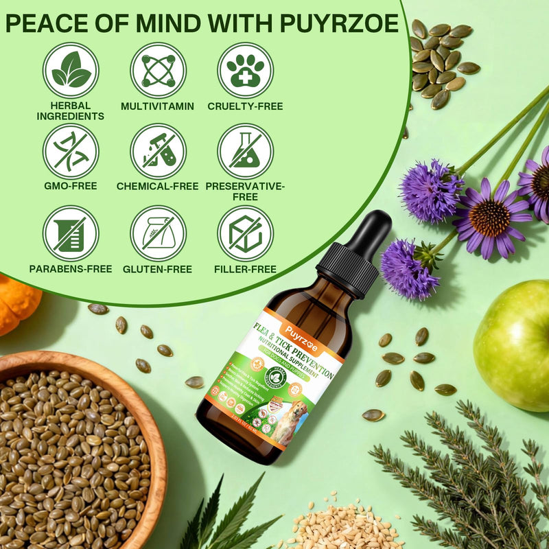 Puyrzoe Dog Flea Treatment Drops, Natural Oral Flea and Tick Prevention for Dogs with Pumpkin Seed, Echinacea, Omega-3/6/9- Support Immunity, Healthy Skin & Coat, Digestion & Overall Wellness