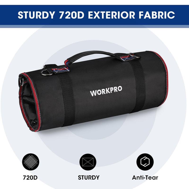 WORKPRO Roll Up Tool Bag, Tool Roll Up Bag with Detachable Tool Pouches, Heavy Duty Tool Bag Organizer with 6 Pockets, Tool Roll Organizer for Mechanic, Electrician, Plumber and Carpenter Black