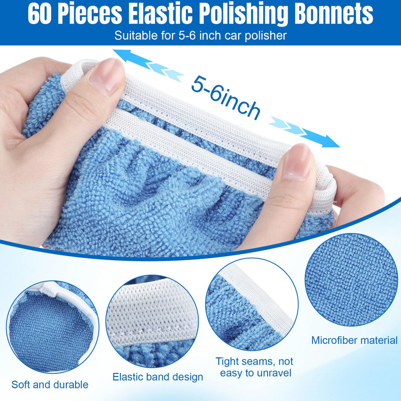 Tallew 60 Pcs Car Orbital Buffer Polisher Pad Bonnets 5-6 Inch Microfiber Polishing Bonnets Pads for Car Waxing Polishing (Blue) Blue