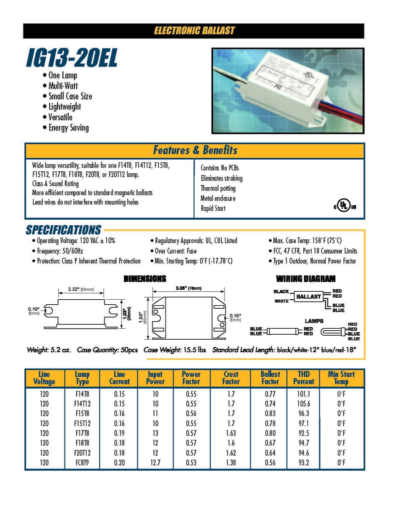 Solus IG13-20EL Electronic 120V Fluorescent Ballast, Easy Install & Energy Saving, Great for Aquarium & Terrarium Lamp Lighting, Multi-Watt, UL & CUL, Operates Linear Fluorescent Lamps.… For Linear Fluorescent Lamps 1 Count (Pack of 1)