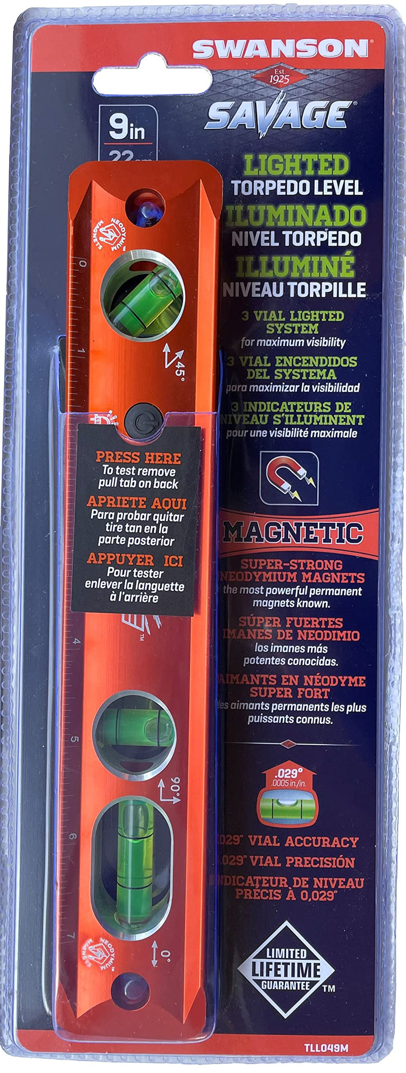 Swanson Tool Co TLL049M Savage Lightning Aluminum Torpedo Magnetic Illuminated Levels, 9", 3 Vials 9" Illuminated Magnetic