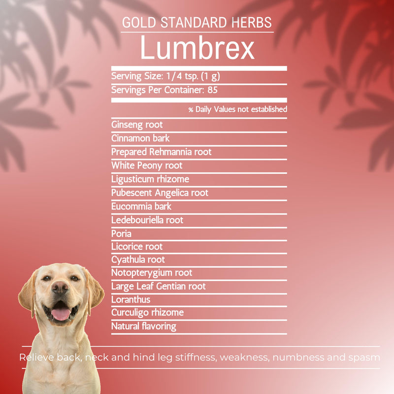 Lumbrex Joint Pain and Stiffness Relief for Dogs by Gold Standard Herbs, All Natural Angelica Root and Loranthus, 85 gram powder, White 85 g - PawsPlanet Australia