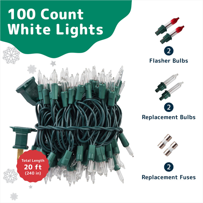 PREXTEX 100 Count Clear Christmas Tree Lights with Green Wire - 20 ft Ultra Bright Christmas Lights Outdoor or Indoor - String Fairy Lights for Christmas Trees, Holidays, Patios, and Garden 100ct