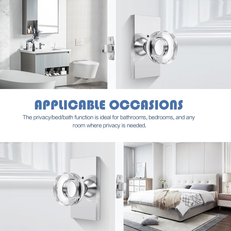 Glass Door Knobs Polished Chrome Privacy Crystal Door Knob with Lock for Bedroom Bathroom Privacy 1 Pack