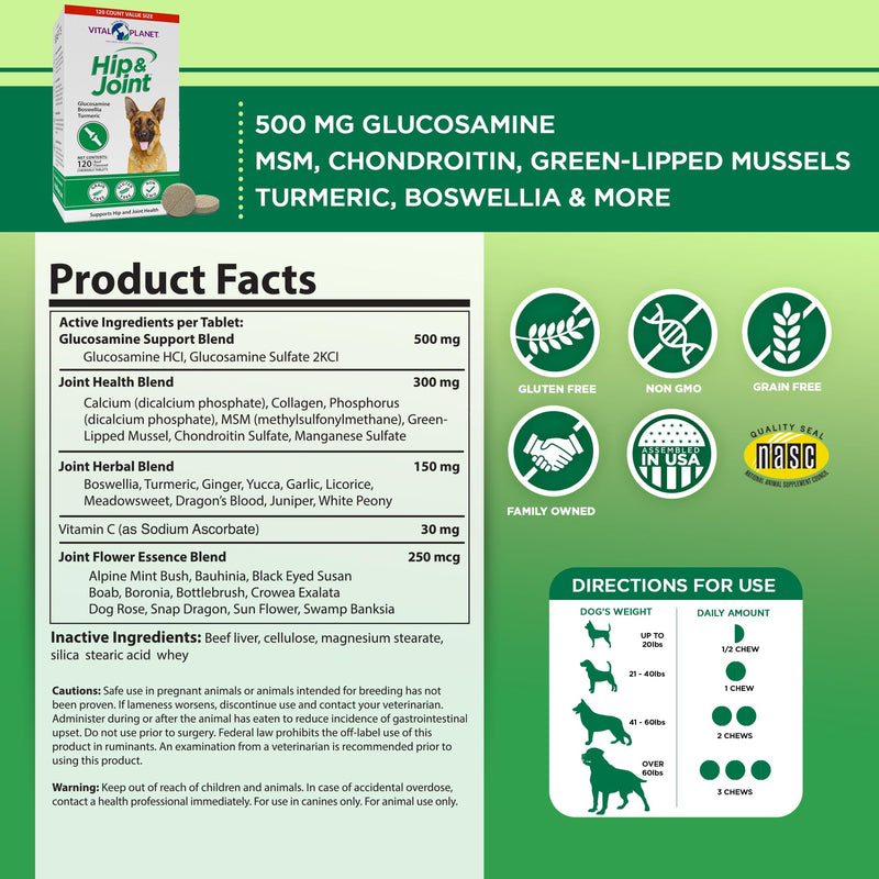 Vital Planet - Natural Hip and Joint Supplement for Dogs - Potent Herbal Blend with Green Lipped Mussel, MSM and Glucosamine (120 Chewable Tabs) - PawsPlanet Australia
