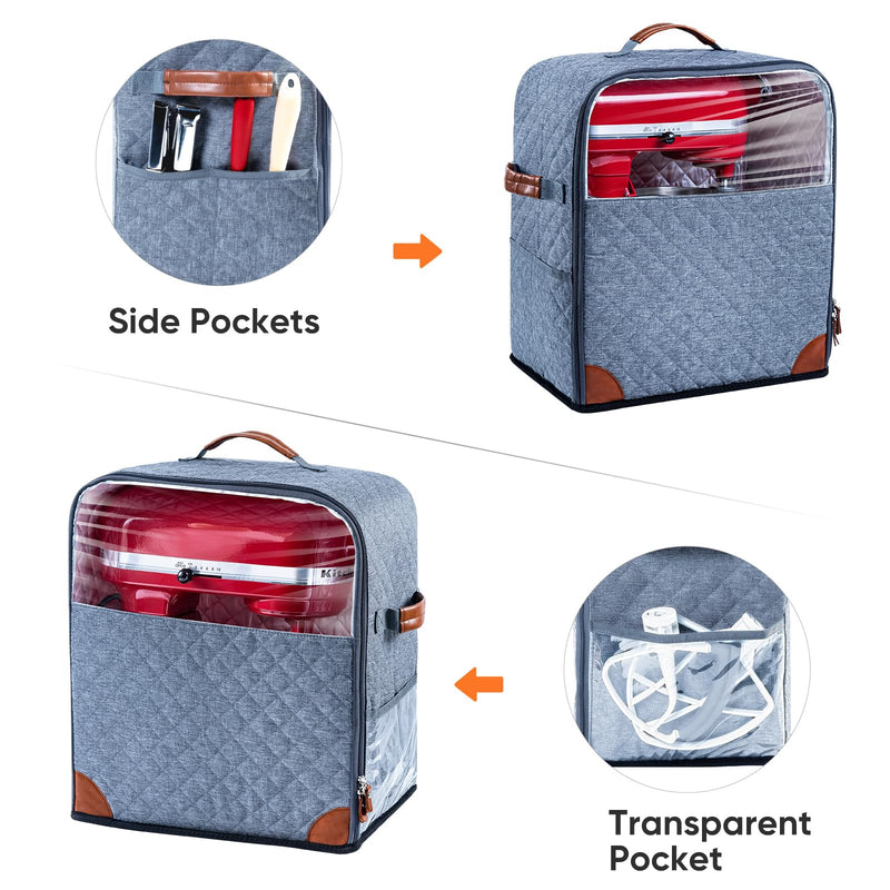 BAGSPRITE Stand Mixer Cover with Appliance Sliders Base Compatible with KitchenAid Mixer-Storage Bag for 6/7/8 Quart with Pockets for Kitchen Aid Accessories and Attachments Grey Fit for 6 - 8 Quart