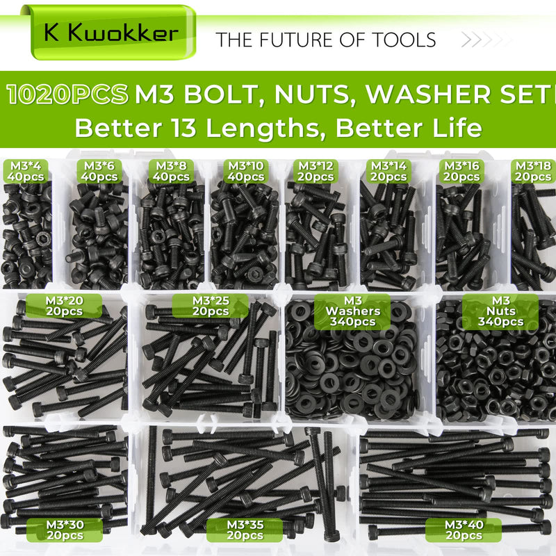1023PCS Metric M3 Bolt Assortment 13 Lengths 4mm to 40mm, 12.9 Alloy Steel Screws Nuts and Washers Hex Socket Head Cap Machine Screws, Black Bolts and Nuts Kit A M3 Hex Socket Screws Black