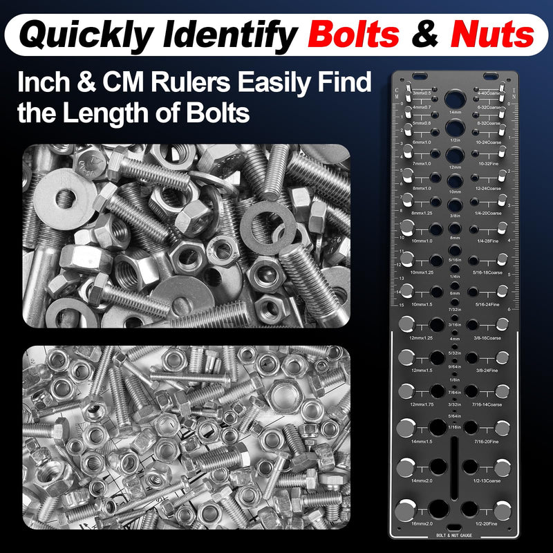 Thread Checker, 32 Nut and Bolt Thread Checker, Bolt Size and Thread Gauge 16Standard & 16 Metric, Bolt Size Finder, Wall-Mountable Bolt Thread Identifier Gauge with Inch & CM Ruler