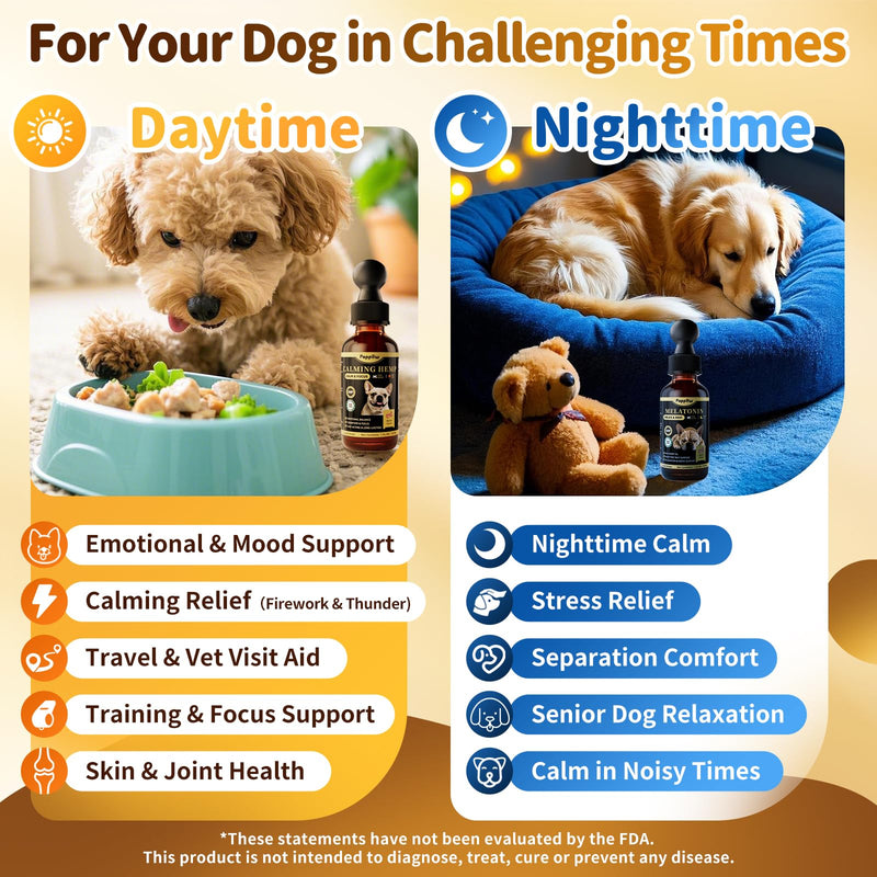 Dog Calming & Melatonin Drops, Day & Night Calm Support Set, Anxiety & Stress Support Calming Treat, Enhance Calmness & Sleep for Separation, Travel, Fireworks & Thunder, Bacon Flavor, 2 FL.Oz Calming & Melatonin Set