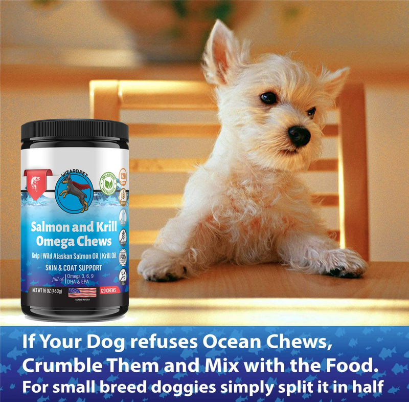 Wild Alaskan Salmon Krill Oil Chews for Dogs - 120 Soft Treats - Omega 3 6 9 Fish Supplement EPA, DHA for Itch-Free Skin Coat Joints - Allergy Relief - Reduce Hair Shedding - Made in USA - PawsPlanet Australia