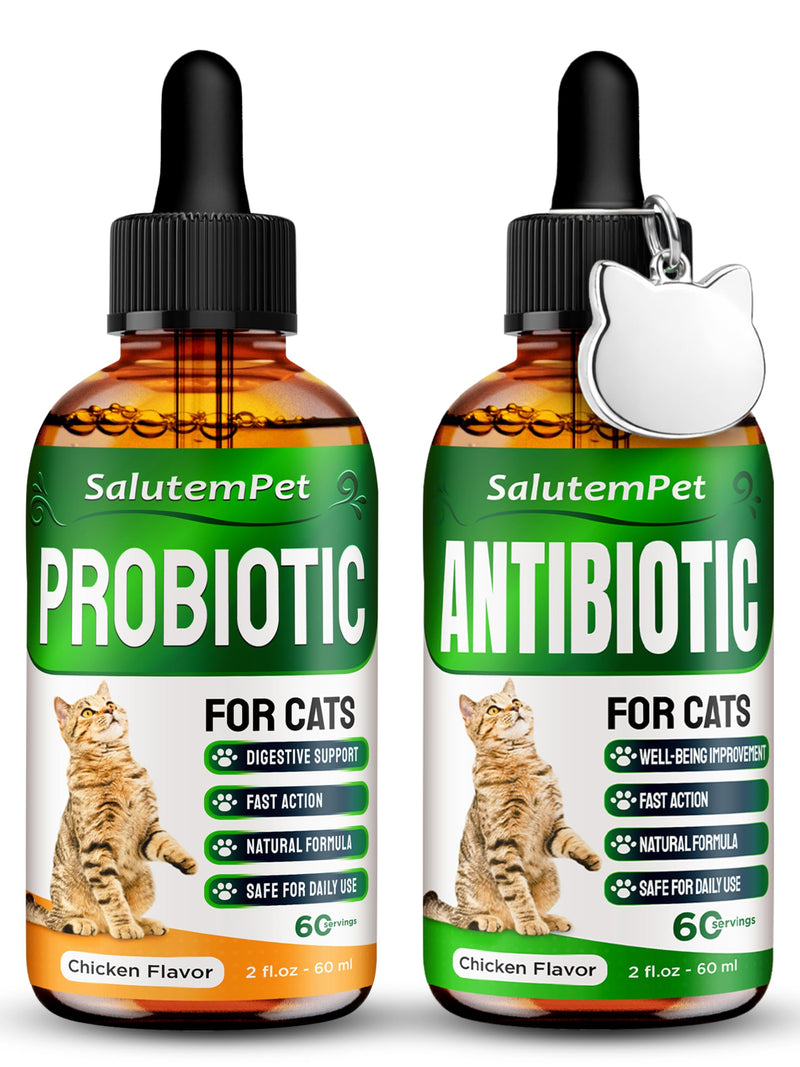 Set of Cat Probiotic & Cat Antibiotic + Pendant – Probiotics for Digestion & Stomach Support – Antibiotics for Bladder & Kidney Function – General Wellness & Complex Care – 2 oz x 2 Chicken Flavor