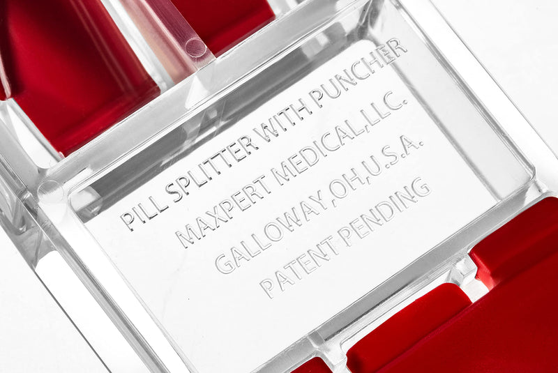 MAXSPLIT Pill Splitter and Cutter with Pill Puncher - Cuts Small and Large Pills, Vitamins, or Tablets with Stainless Steel Blade - Non-Slip Press Point Pill Splitter (Red)