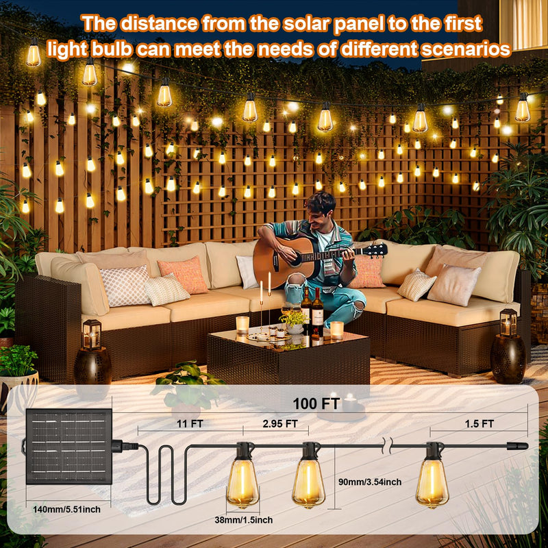 100FT Solar String Lights Outdoor Waterproof with Remote & Timer, LED Shatterproof ST38 Bulbs, USB & Solar Powered Patio Lights for Backyard, Porch, Garden, Wedding, Christmas Decor 100FT