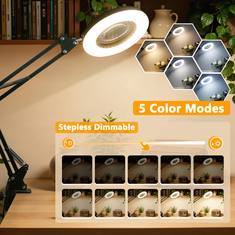 12X Magnifying Glass with Light and Stand, 9 Dimmable Brightness, 5 Color Modes, Hands Free Metal Magnifying Lamp with Clamp for Craft Reading Painting Sewing Hobby Close Work