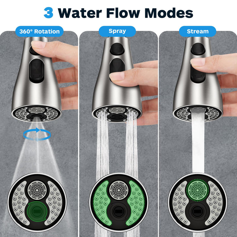 Kitchen Faucet Head Replacement 3 Modes with 17 Adapters, Pull Down Spray Head for Kitchen Faucet, Kitchen Sink Faucet Head G 1/2, Sprayer Head Replacement, Compatible with Moen，Delta, Kohler Faucets Brushed Nickel with 17 Adapters