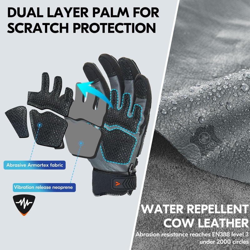 Vgo... Cutproof Gloves,Cut Resistant Gloves,HPPE Anti-cut Liner,Hand Protection,ANSI A3,Touchscreen Large(1 Pair) Gray(cow Leather)