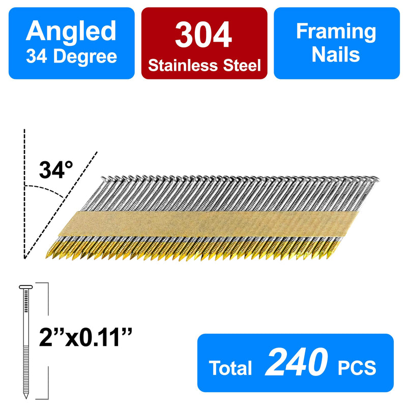 34-30 Degree 2 Inch Ring Shank Paper Framing Nails,240-Pack | 304 Stainless Steel D Head Tape Strip Nails for 30 to 34 degree Framing Nailer,fits indoor and outdoor building projects 2" -- 240 PCS