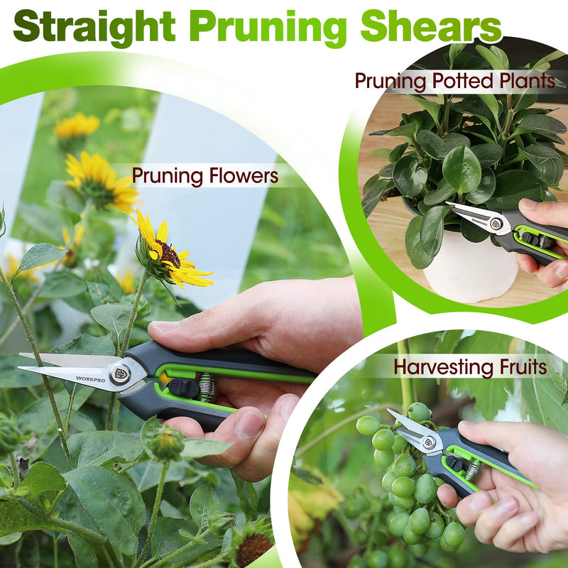 WORKPRO Garden Pruning Shears 2 Pack, 8" Bypass Pruning Shears and 6.25" Straight Garden Scissors, Premium Plant Shears, Garden Clippers Hand Tools for Cutting Flowers, Trimming Plants, Picking Fruits 2PCS Pruning Shears