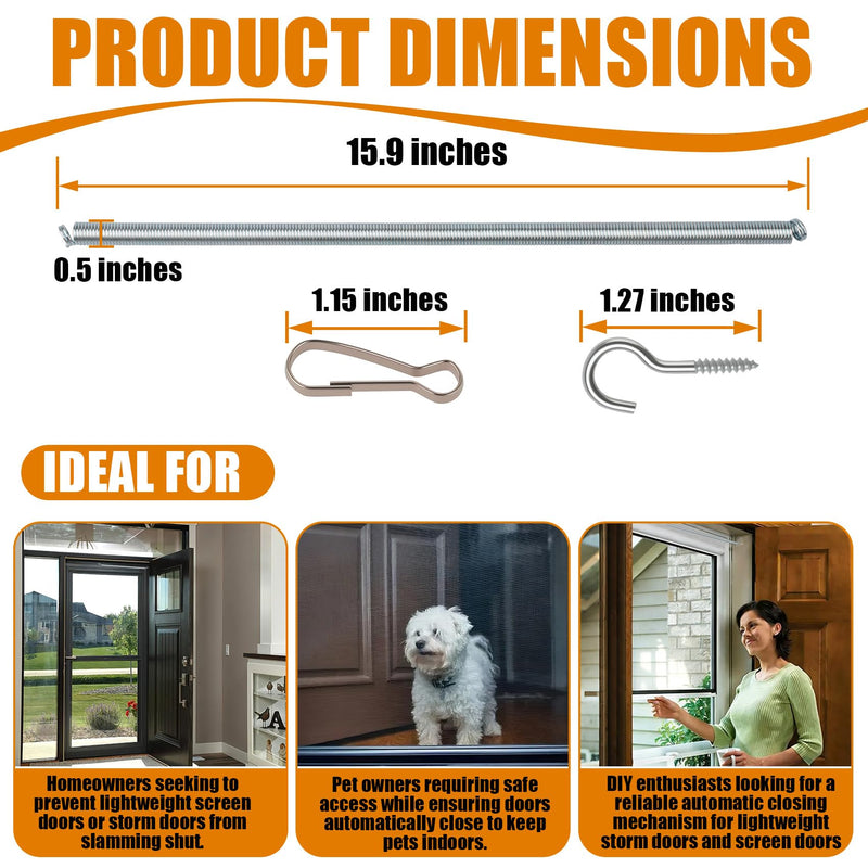 V6 Screen Door Spring, Door Closer Spring, 16x1/2 Inch, Automatic Closing Mechanism, Suitable for Lightweight Storm Doors and Screen Doors, Includes 8 Mounting Hooks and Spring Clips, 4-Pack