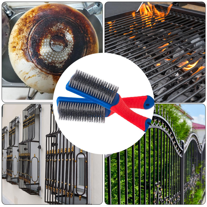 Wire Brushes for Cleaning,Steel Brush Heavy Duty Carbon Steel and Stainless Steel Wire Scratch Brush with Rubber Covered Handle,2 Pcs