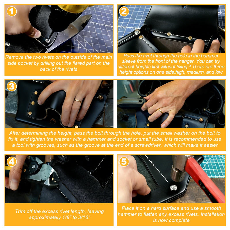 Yaocom Leather Hammer Sleeve Kit, 10 x 5 Inch Adjustable Hammer Holster Holder for Tool Belt, with Flat Head Rivets and Washers, for Roofer, Carpenter Holds Hatchet, Mallet, Plier, and Screwdriver