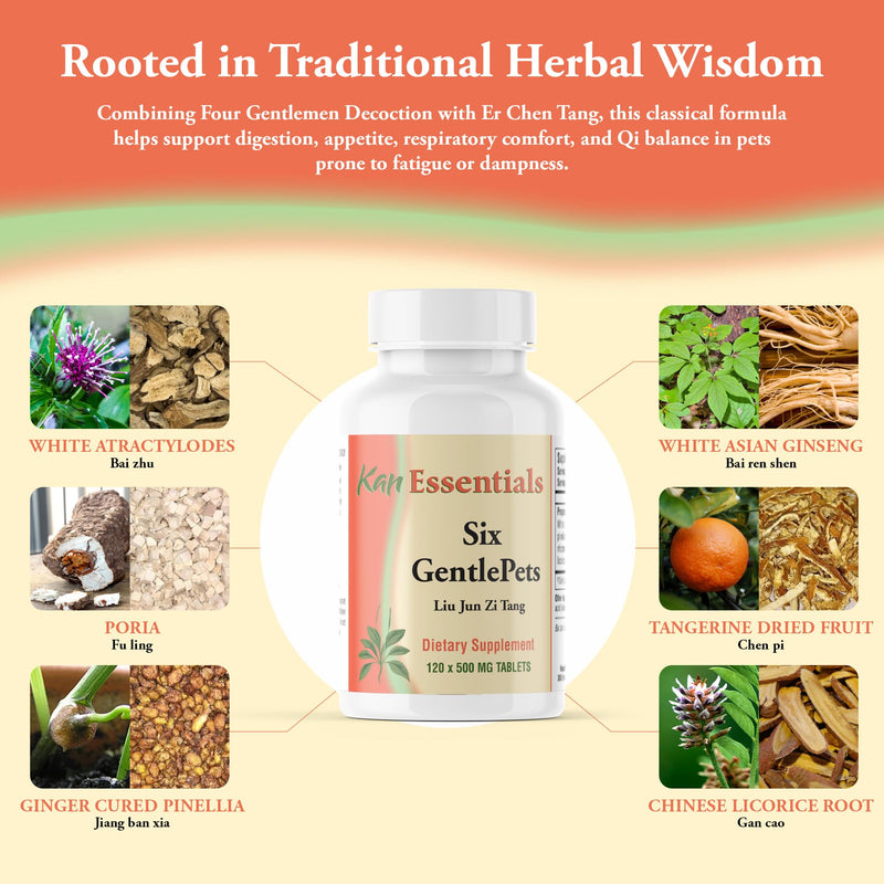 Kan Herbs Company Six GentlePets – Traditional Chinese Herbal Blend for Dogs and Cats to Support Energy, Digestion, Appetite, and Respiratory Comfort, Herbal Supplement for Pets, 120 Tablets