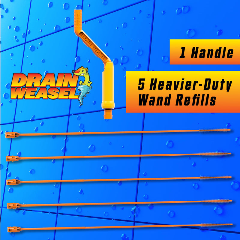 FlexiSnake Pro Drain Weasel Sink Snake Cleaner with New Molded Tip - 18″ - Drain Snake Clog Remover Tool with Rotating Handle & 5 Wand Refills - Easy to Use on Drains & Grates - Made in USA - 5-Pack 5 pk