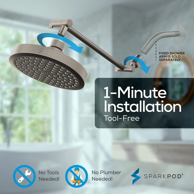 SparkPod Round Rain Shower Head with Extension Arm - Height Adjustable Shower Head with High Pressure Performance - Easy 1-Minute Installation (11" Arm Extension, Elegant Brushed Nickel) 6" Round + 11" Arm 2. Brushed Nickel, 6" Round + 11" Arm - NewNest Australia