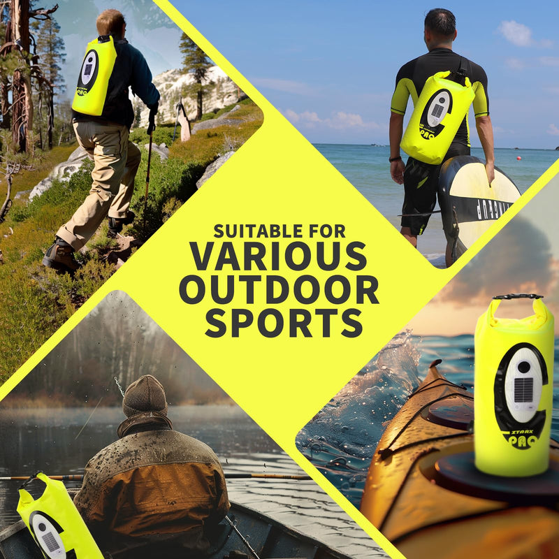 FELICON Waterproof Dry Bag Backpack with Bluetooth Speaker, 10L Roll Top Floating Sack, Solar & USB-C Powered Emergency Charger, RGB Light, Heavy Duty PVC for Kayaking Camping, Neon Yellow
