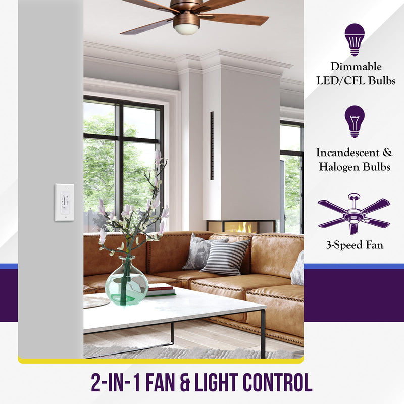 ENERLITES 3 Speed Ceiling Fan Control and LED Dimmer Light Switch, 2.5A Single Pole Light Fan Switch, 300W Incandescent Load, No Neutral Wire Required, 17001-F3-W, White 1 PACK