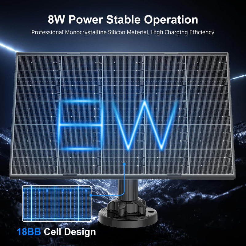 Solar Panel for Security Camera, 8W Solar Panel with Micro USB & USB-C Port for DC 5V Outdoor Rechargeable Battery Camera, IP65 Waterproof, 360° Adjustable Security Mount, 10FT Cable 1